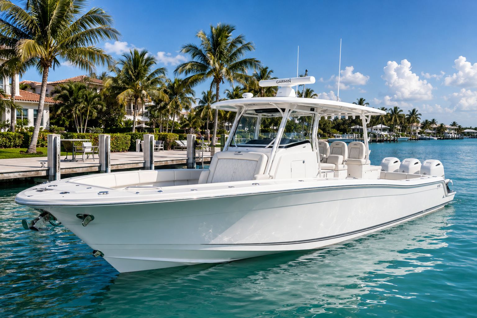 Modern center-console boat moored at a sunny coastal marina